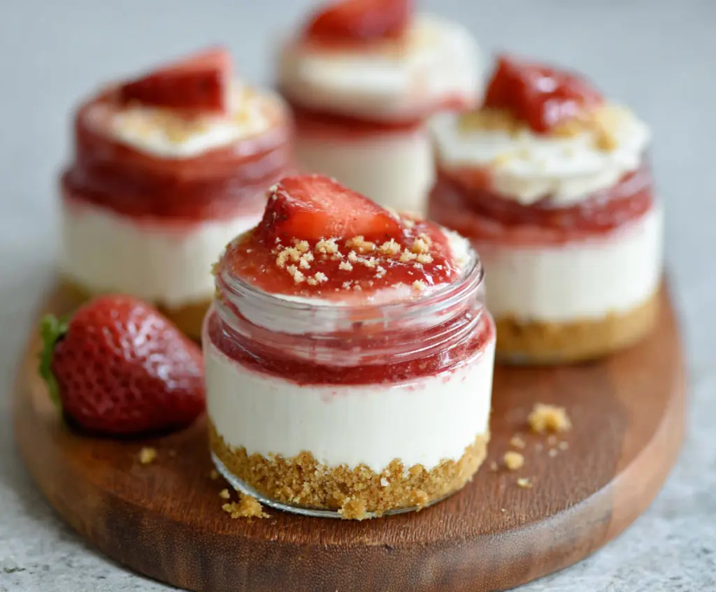 Delicious strawberry cheesecake protein cups in individual servings, perfect for a healthy dessert.