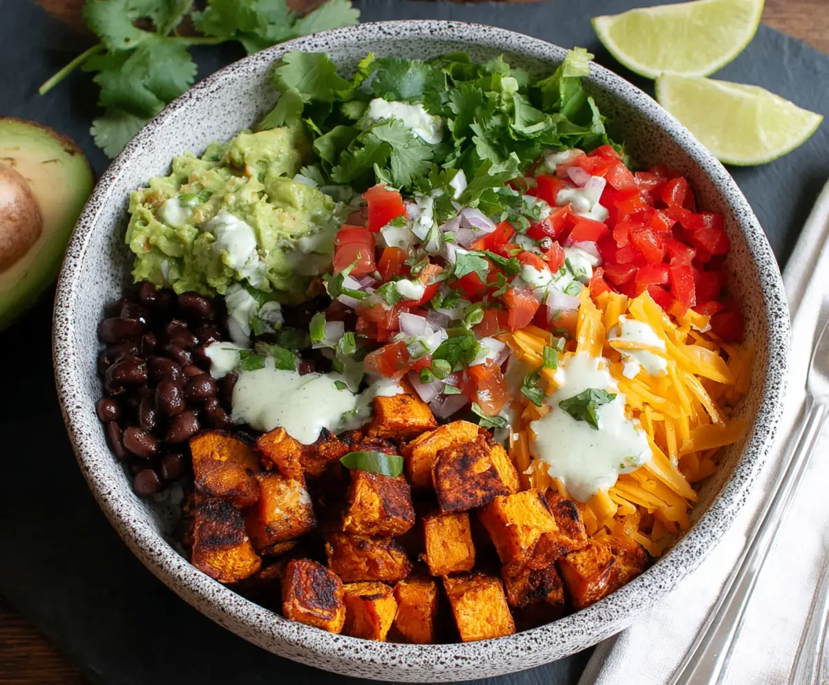 Colorful sweet potato taco bowls with fresh vegetables and herbs, featuring diced sweet potatoes and vibrant toppings.