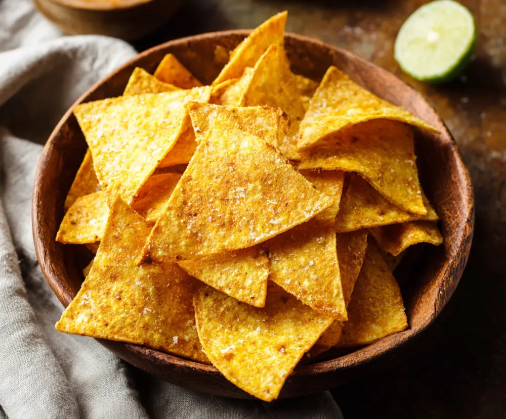 Golden crispy tortilla chips served with salsa in a bowls, perfect snack or appetizer.