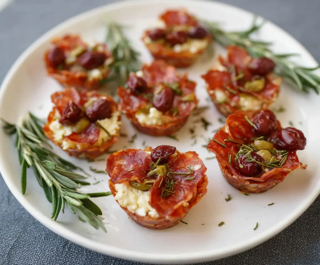Delicious 3 ingredient Boursin cheese salami cups served on a white plate for appetizer display.