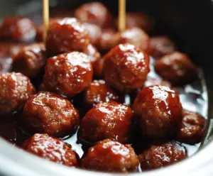 Delicious 3 Ingredient Crockpot BBQ Meatballs served in a bowl with fresh herbs