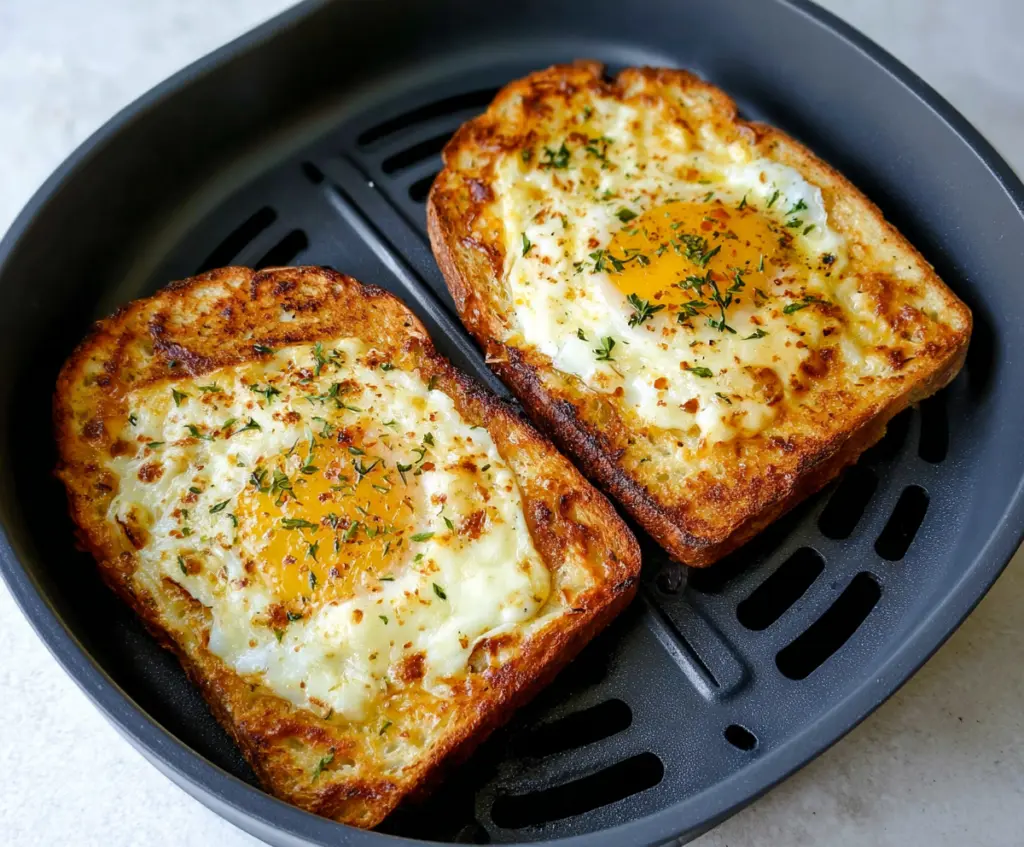 Delicious air fryer egg and cheese toast on a plate, crispy and golden brown