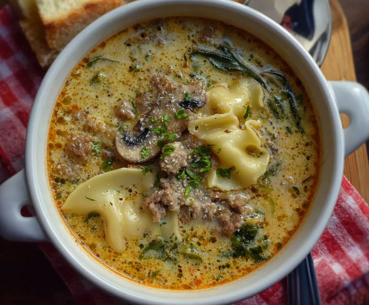 Creamy Alfredo Lasagna Soup with melted cheese and pasta layers in a bowl.