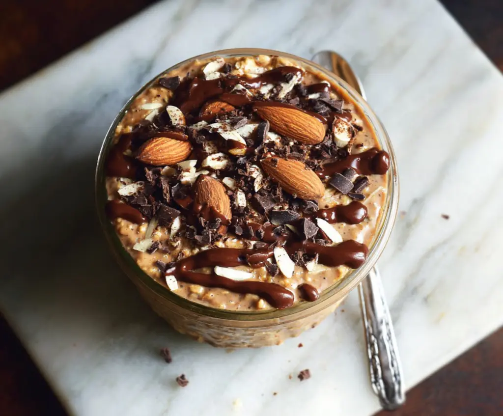 Creamy almond and dark chocolate overnight oats in a glass jar topped with almonds and cocoa powder.