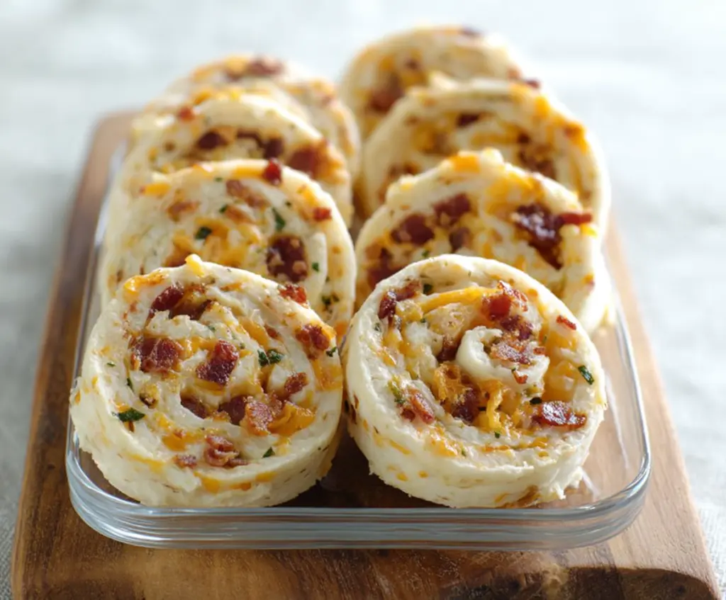 Delicious Bacon Cheddar Ranch Pinwheels sliced and served on a platter, showcasing crispy bacon, melted cheddar cheese, and herbs.