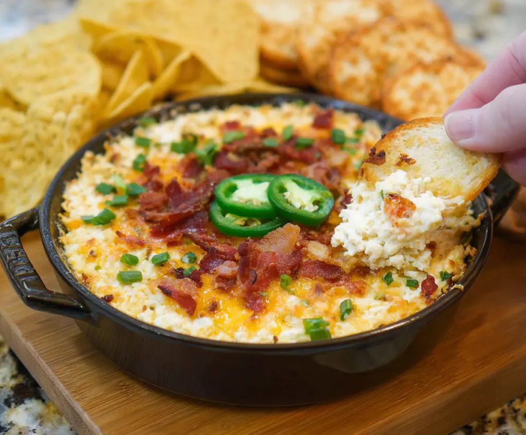 Creamy Bacon Jalapeño Popper Dip served in a rustic bowl with crispy bacon bits and fresh jalapeños.