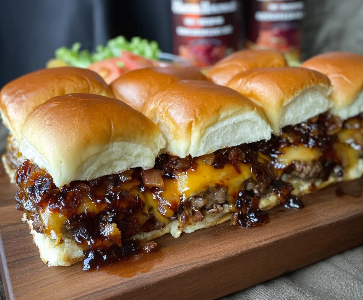 Delicious Bacon Jam Cheeseburger Sliders with melted cheese and crispy bacon on soft slider buns.