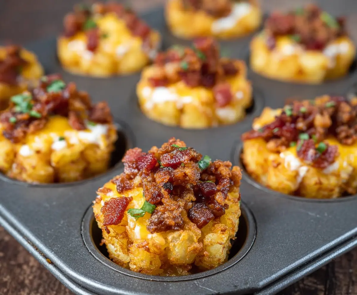 Delicious bacon-topped tater tot cups served on a plate, perfect for appetizer or snack.