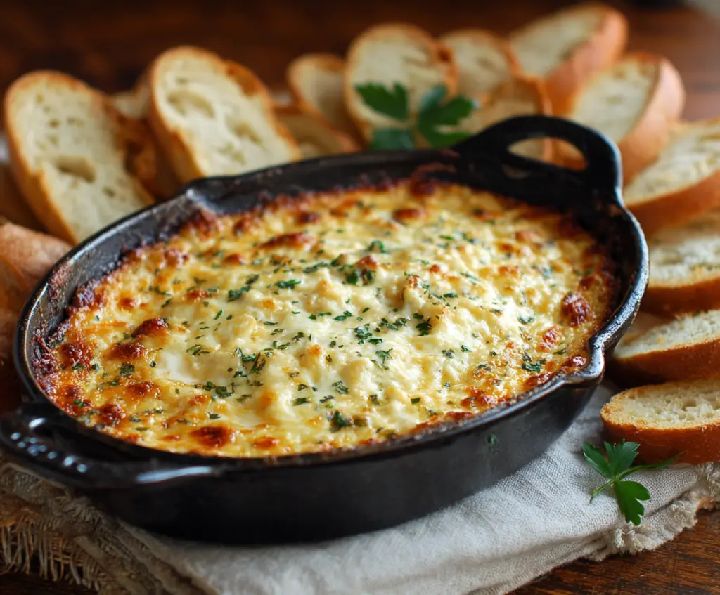 Delicious baked double cheese and sweet onion dip served with crackers and vegetables.
