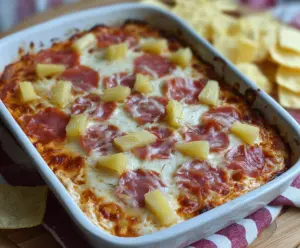 Delicious Baked Hawaiian Pizza Dip with melted cheese, pineapple chunks, ham, and peppers served in a baking dish.