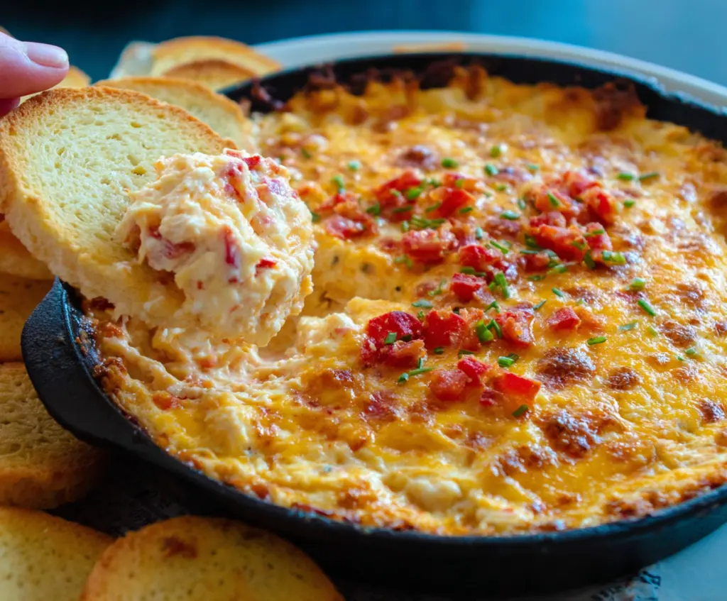 Creamy baked pimento cheese dip served with crackers and fresh vegetables