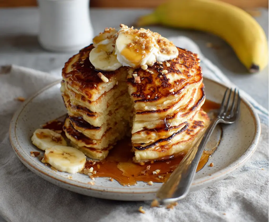 Delicious banana yogurt pancakes served on a plate with fresh bananas and syrup.