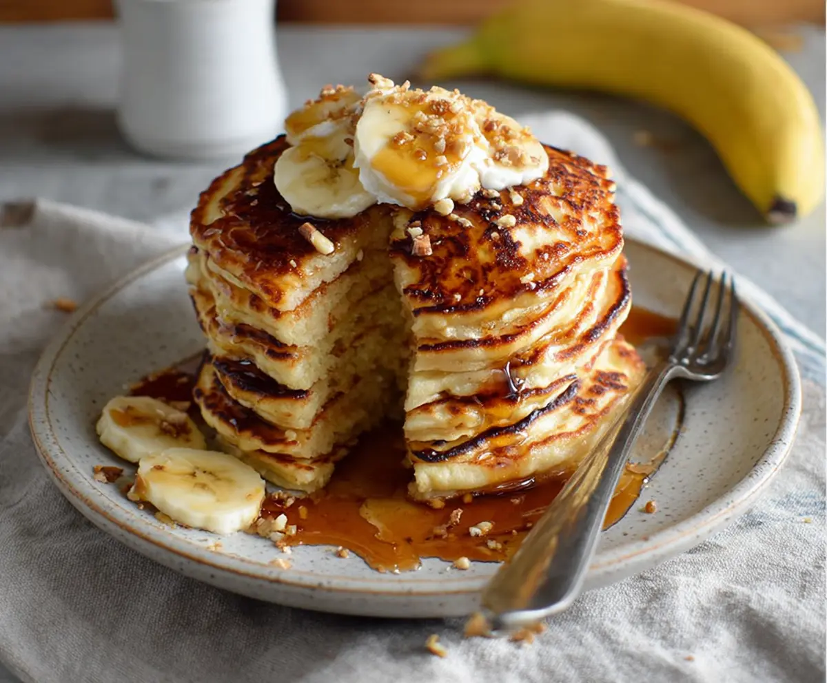 Delicious banana yogurt pancakes served on a plate with fresh bananas and syrup.