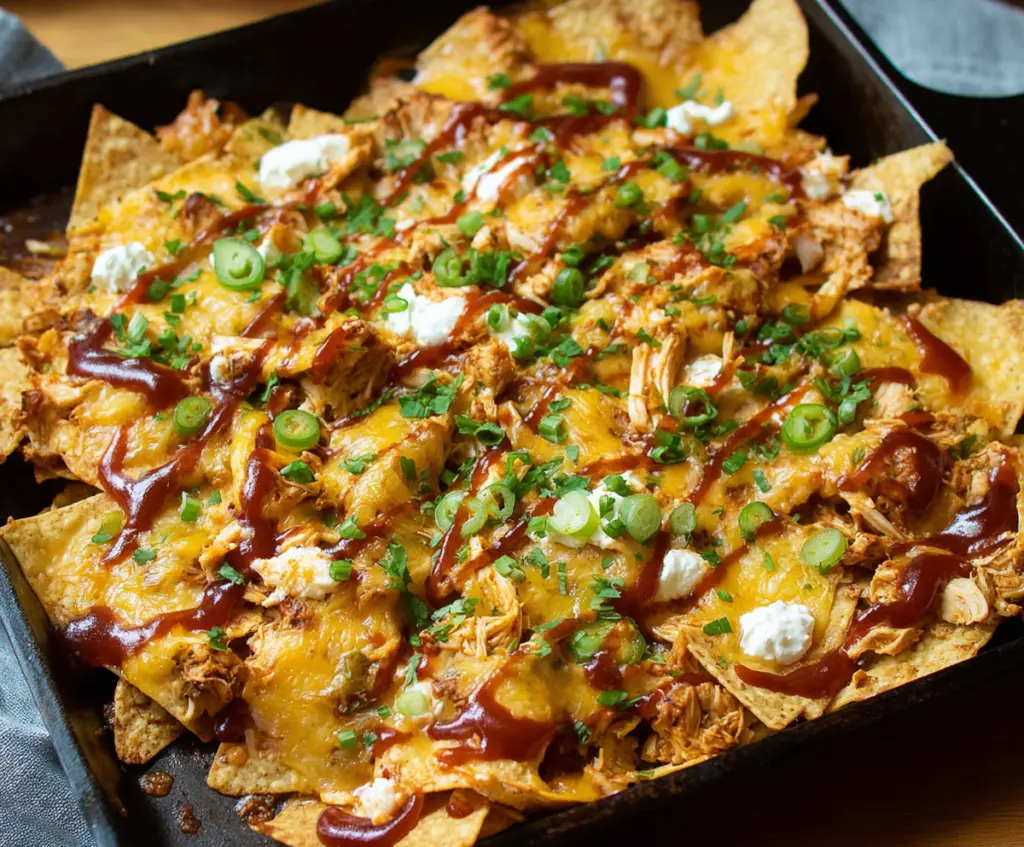 Delicious BBQ Chicken Nachos topped with melted cheese, barbecue sauce, and fresh herbs.