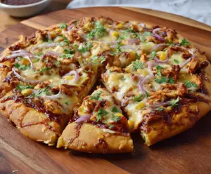 Delicious BBQ chicken pizza topped with melted cheese and fresh herbs