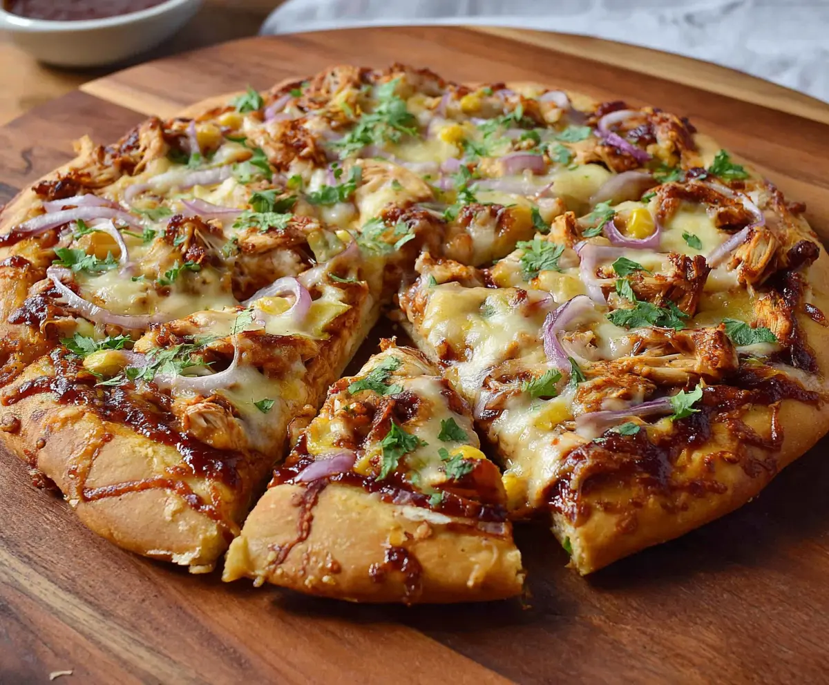 Delicious BBQ chicken pizza topped with melted cheese and fresh herbs