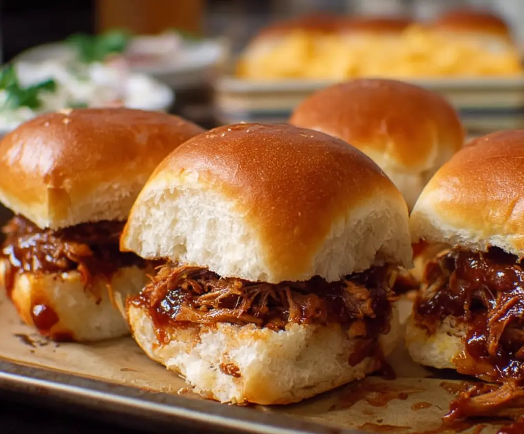 Delicious BBQ pulled pork sliders served on Hawaiian rolls, perfect for parties and gatherings.