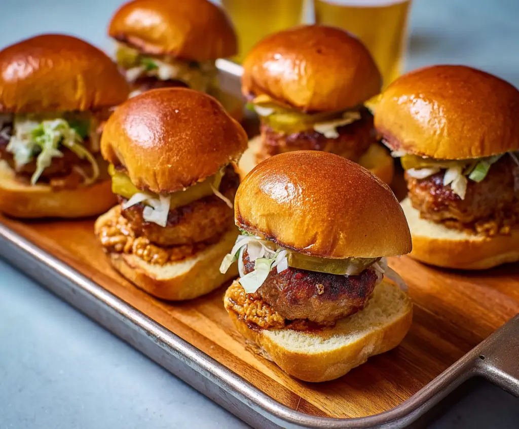 Delicious Beer Brat Sliders topped with melted cheese and grilled buns, perfect for entertaining.