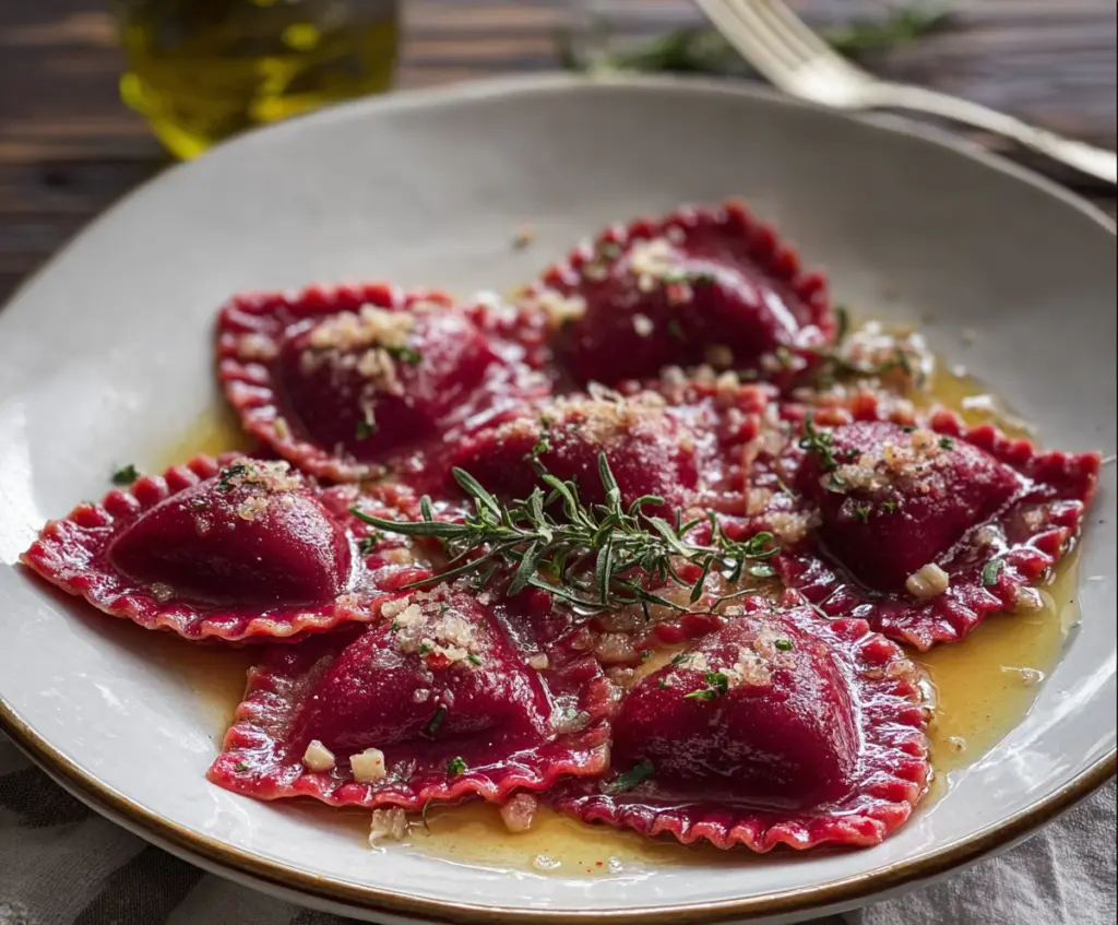 Delicious Beet Heart Ravioli featuring vibrant red beet filling and tender pasta, perfect for a gourmet vegetarian meal.