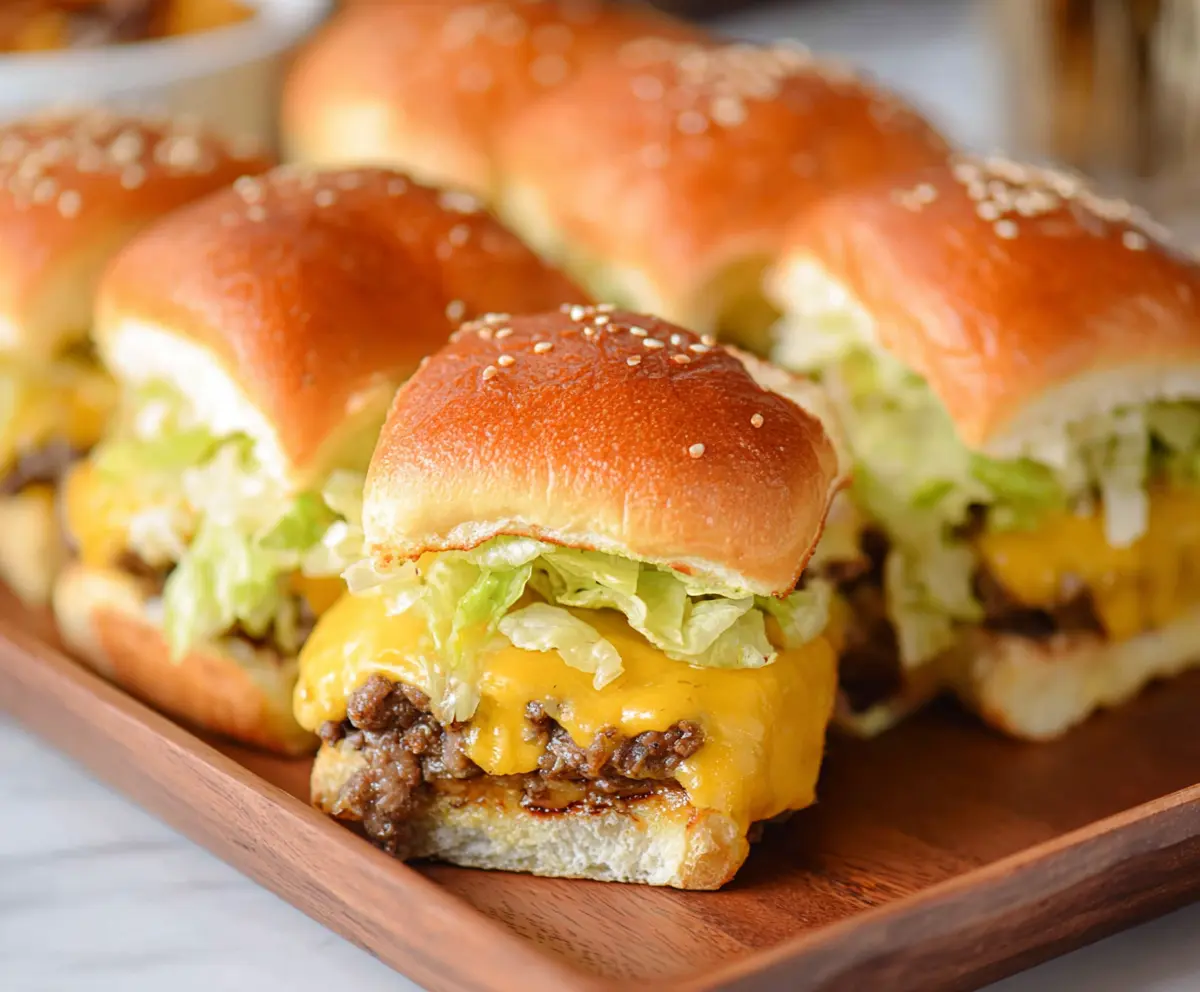 Delicious Big Mac Cheeseburger Sliders with lettuce, cheese, and secret sauce stacked on mini buns