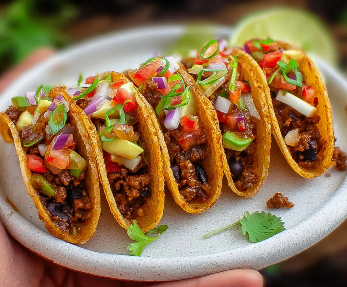 Delicious bite-sized mini tacos filled with seasoned meat and fresh toppings on a platter.