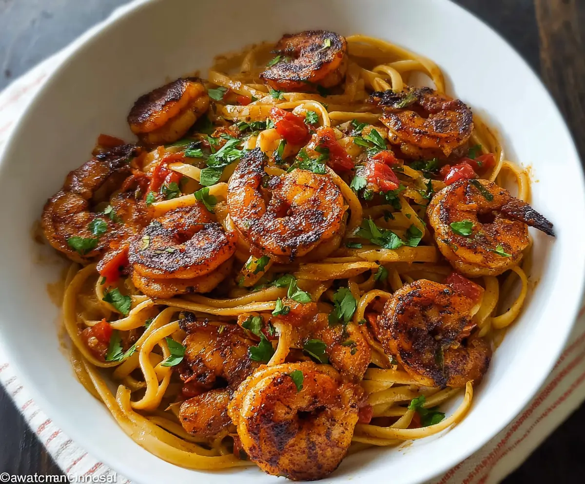 Delicious blackened shrimp pasta served on a white plate, garnished with fresh herbs, showcasing a spicy, flavorful seafood pasta dish.