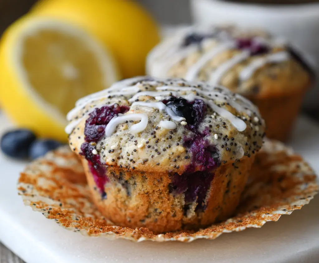 Delicious Blueberry Lemon Poppy Seed Sourdough Muffins fresh out of the oven with vibrant blueberries and lemon zest.