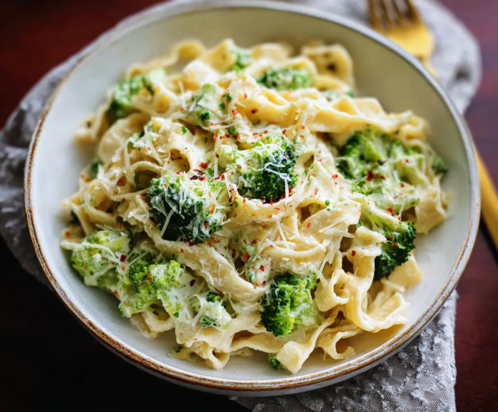 Creamy Boursin cheese pasta with fresh broccoli florets on a white plate.