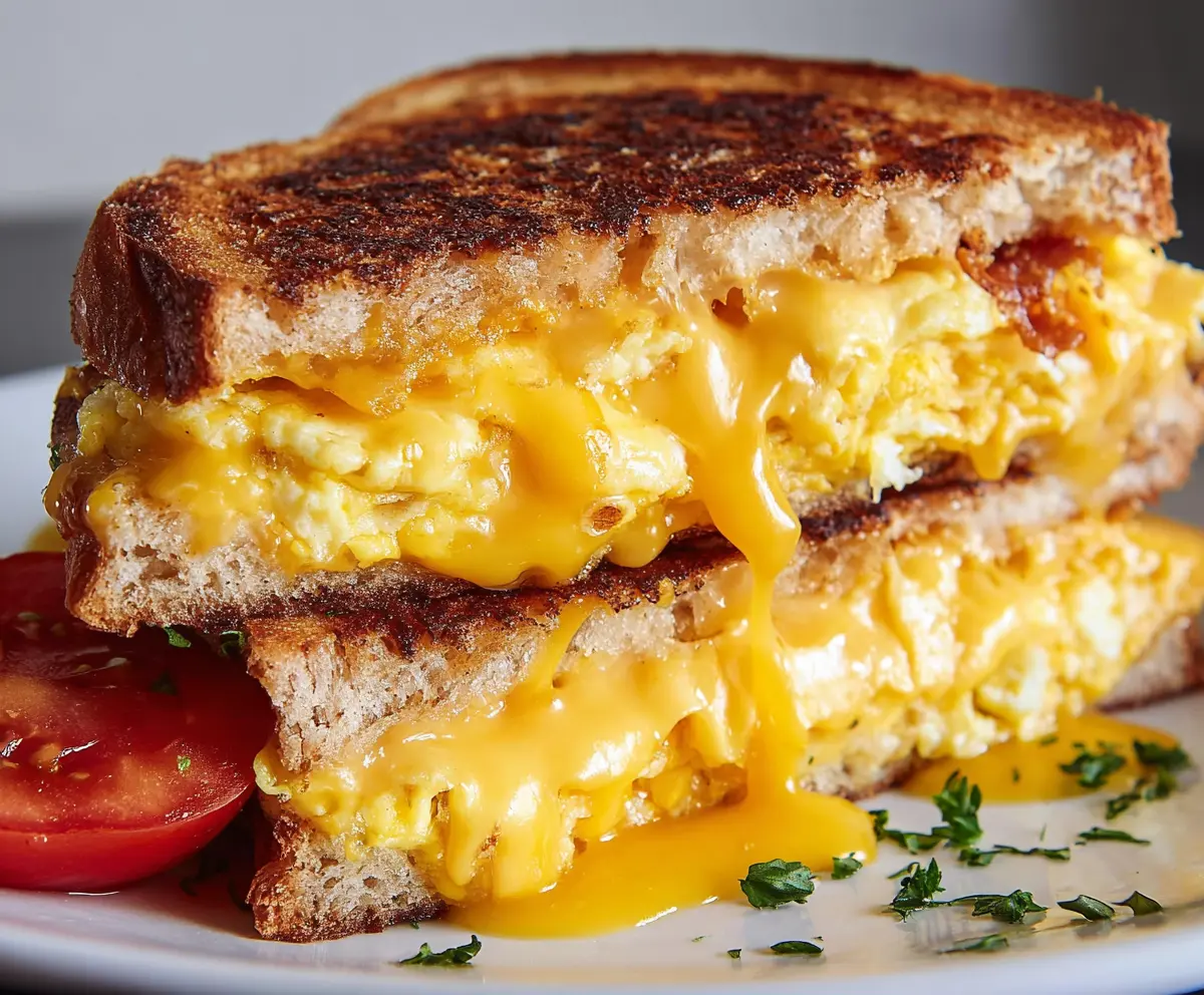 Delicious breakfast grilled cheese sandwich with melted cheese and crispy bread.