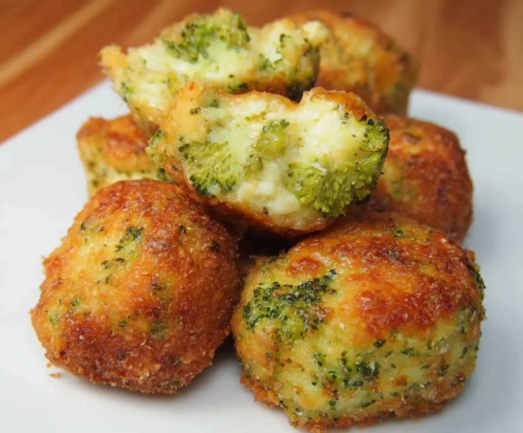 Crispy broccoli cheese bites served on a white plate, perfect for snacks or parties.