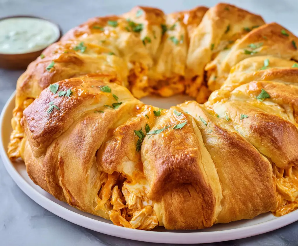 Delicious Buffalo Chicken Crescent Roll Ring served as a savory appetizer or main dish.