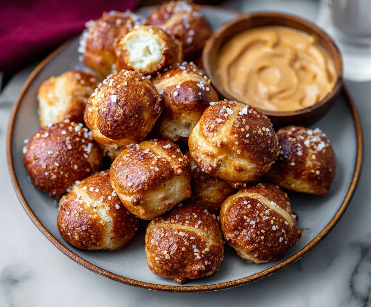 Golden-brown buttery soft pretzel bites served with a side of melted cheese dip.