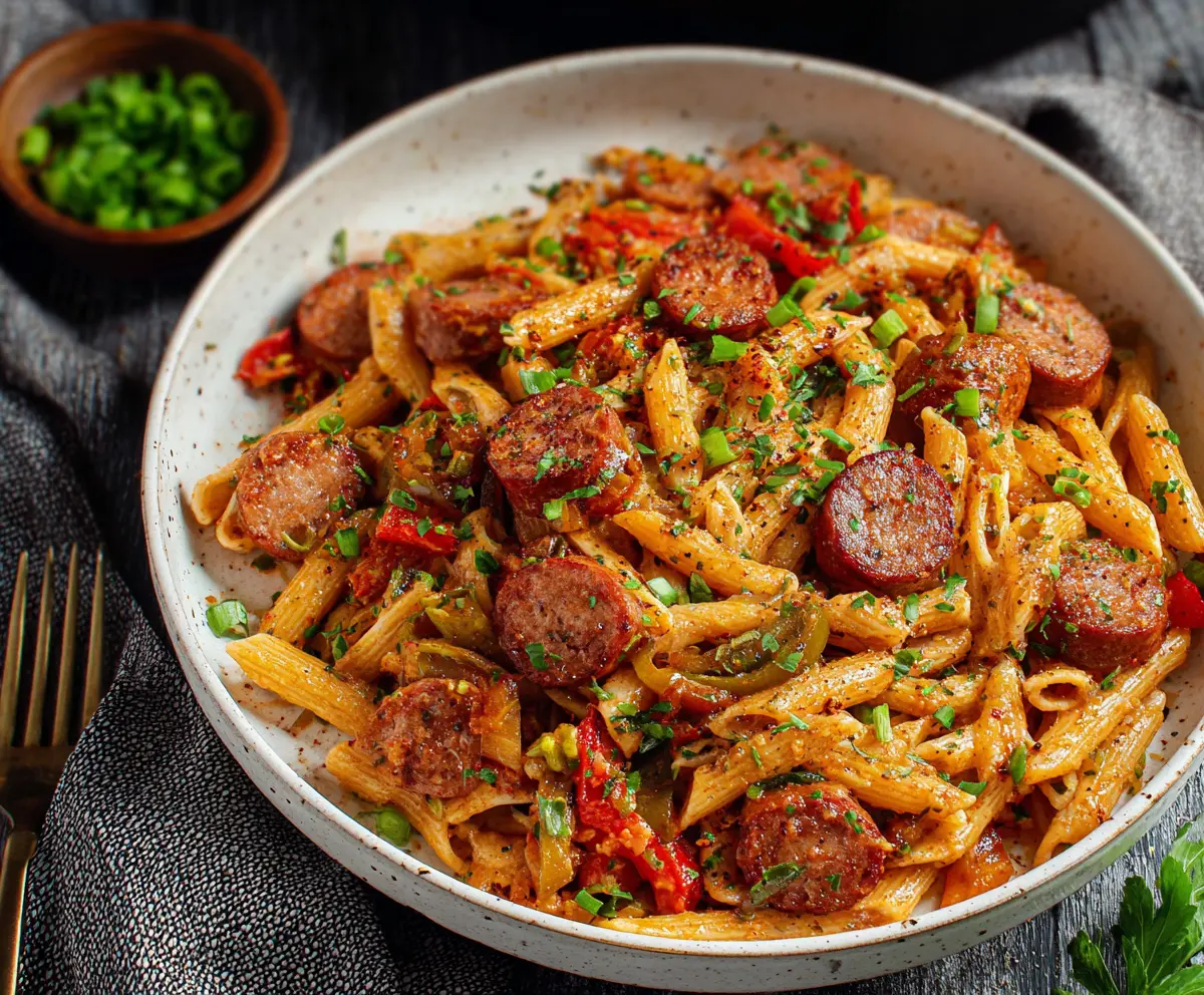 Delicious Cajun sausage pasta dish with seasoned sausages, creamy sauce, and pasta, garnished with herbs.