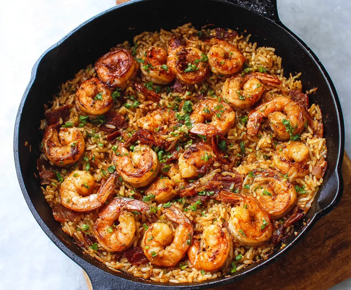 Delicious Cajun shrimp and rice skillet served in a rustic bowl, showcasing a spicy and flavorful seafood dish.