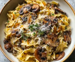 Delicious caramelized leek and mushroom pasta topped with melted Gruyère cheese