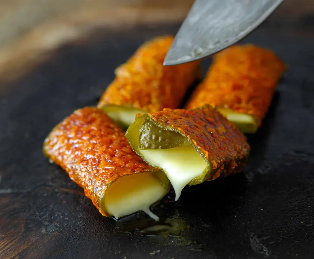 Golden cheese-wrapped pickles on a white plate, perfect appetizer snack.