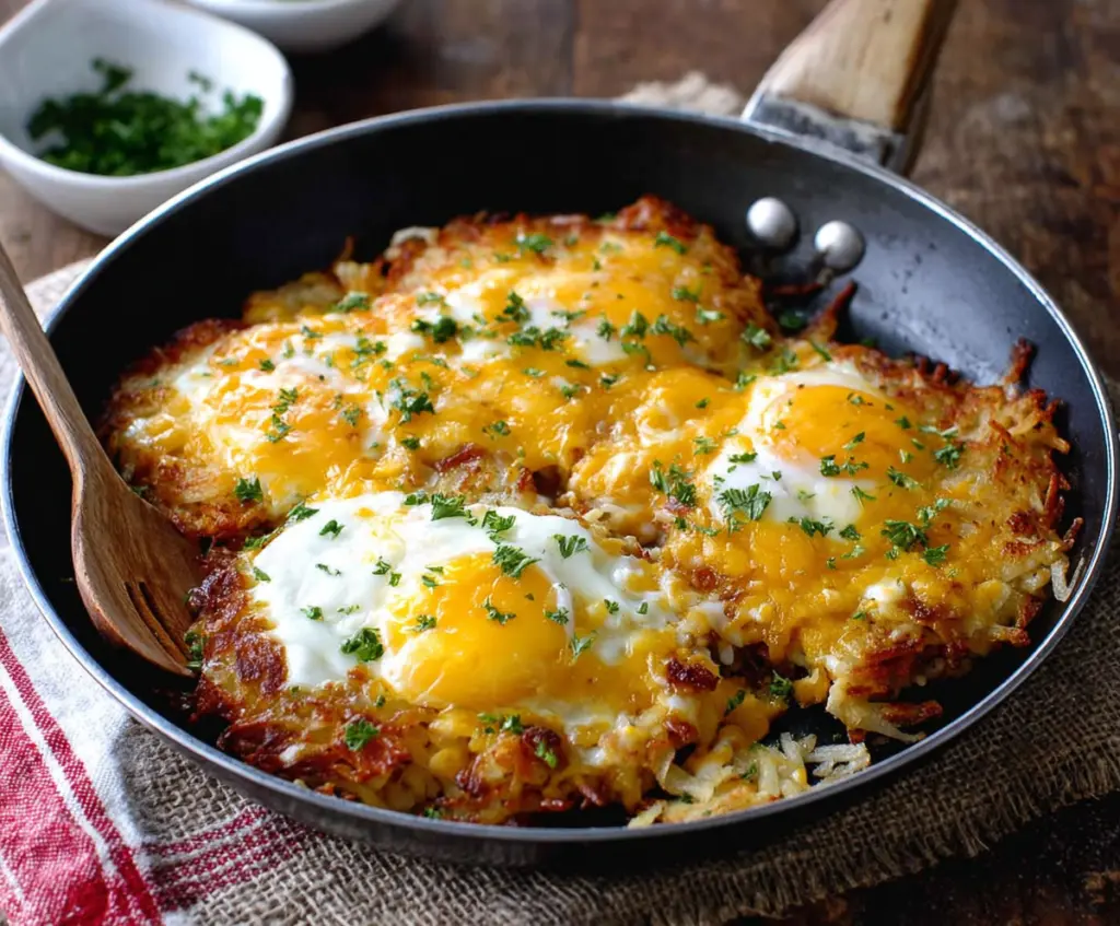 Delicious cheesy egg hash browns topped with melted cheese and crispy potatoes, perfect for breakfast or brunch.