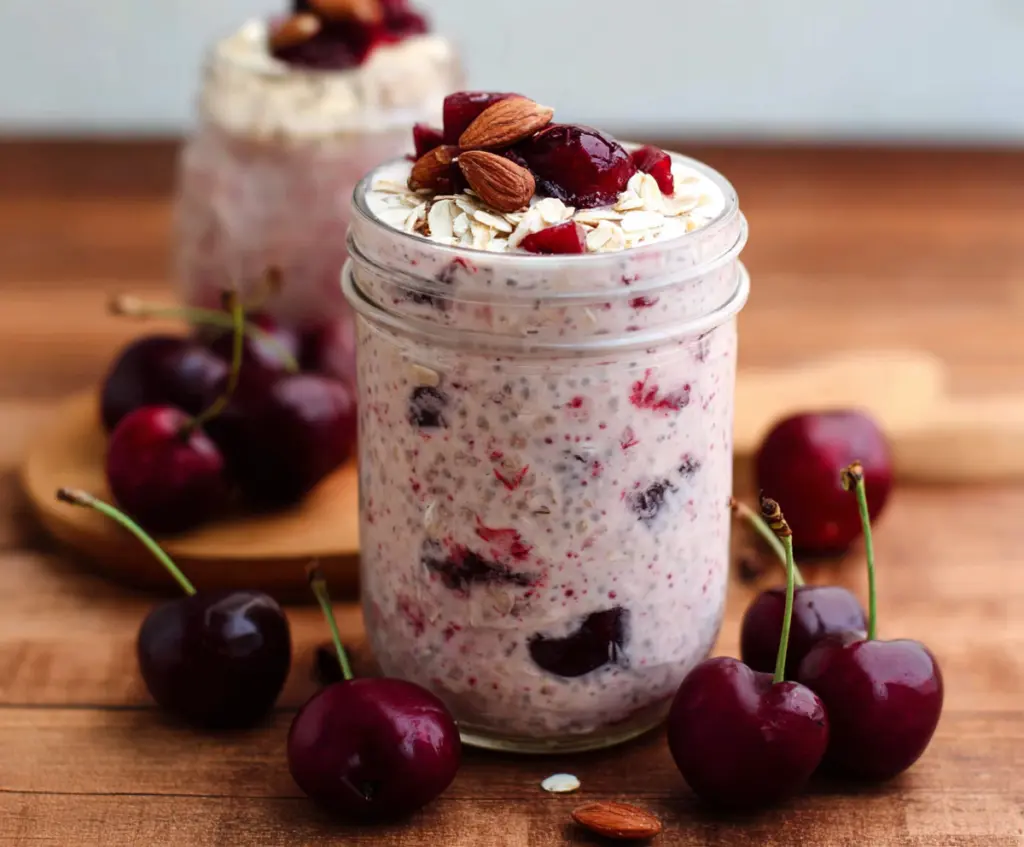 Creamy cherry overnight oats topped with fresh cherries and chia seeds for a healthy breakfast.