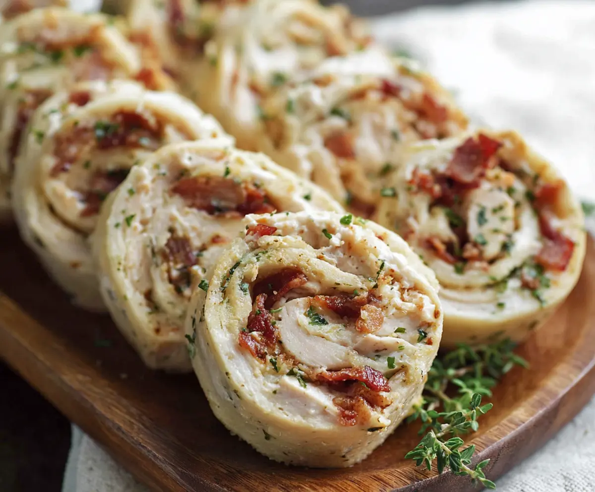 Delicious Chicken Bacon Ranch Pinwheels sliced and served as a tasty appetizer or snack.