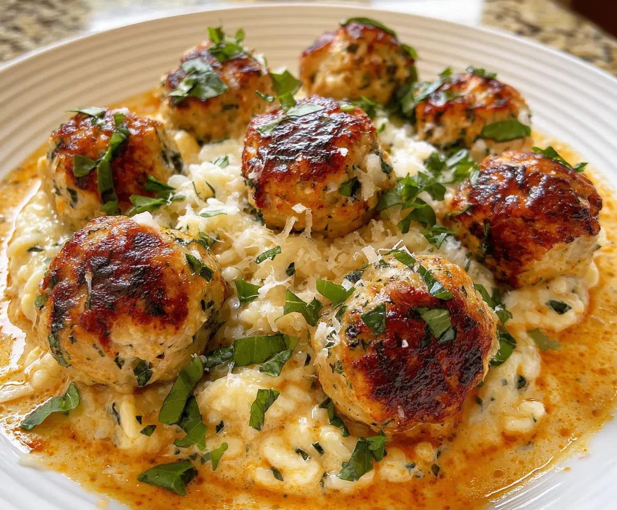 Delicious chicken ricotta meatballs garnished with herbs on a white plate