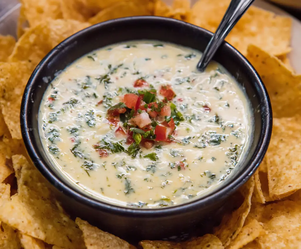 Creamy White Spinach Queso dip served in a bowl, perfect for sharing at a party.