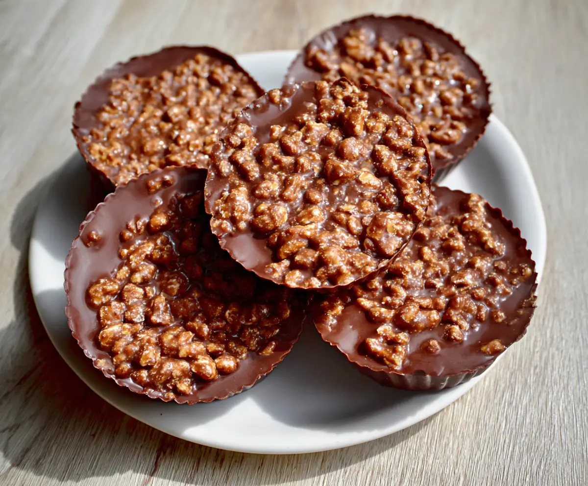 Delicious homemade Chocolate Peanut Butter Crunch Cups with a glossy chocolate coating and crunchy peanut filling.
