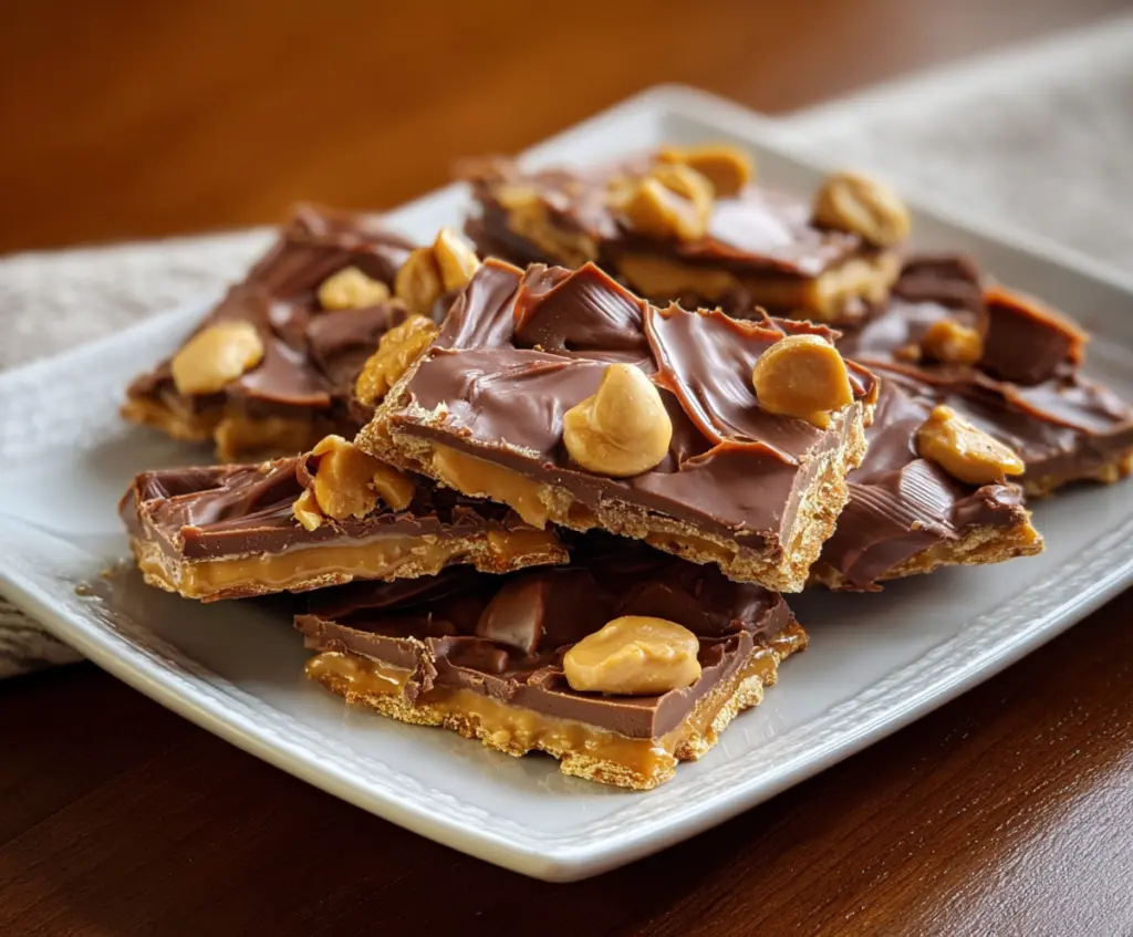 Delicious Chocolate Peanut Butter Cup Cracker Toffee with glossy chocolate topping and crunchy cracker base