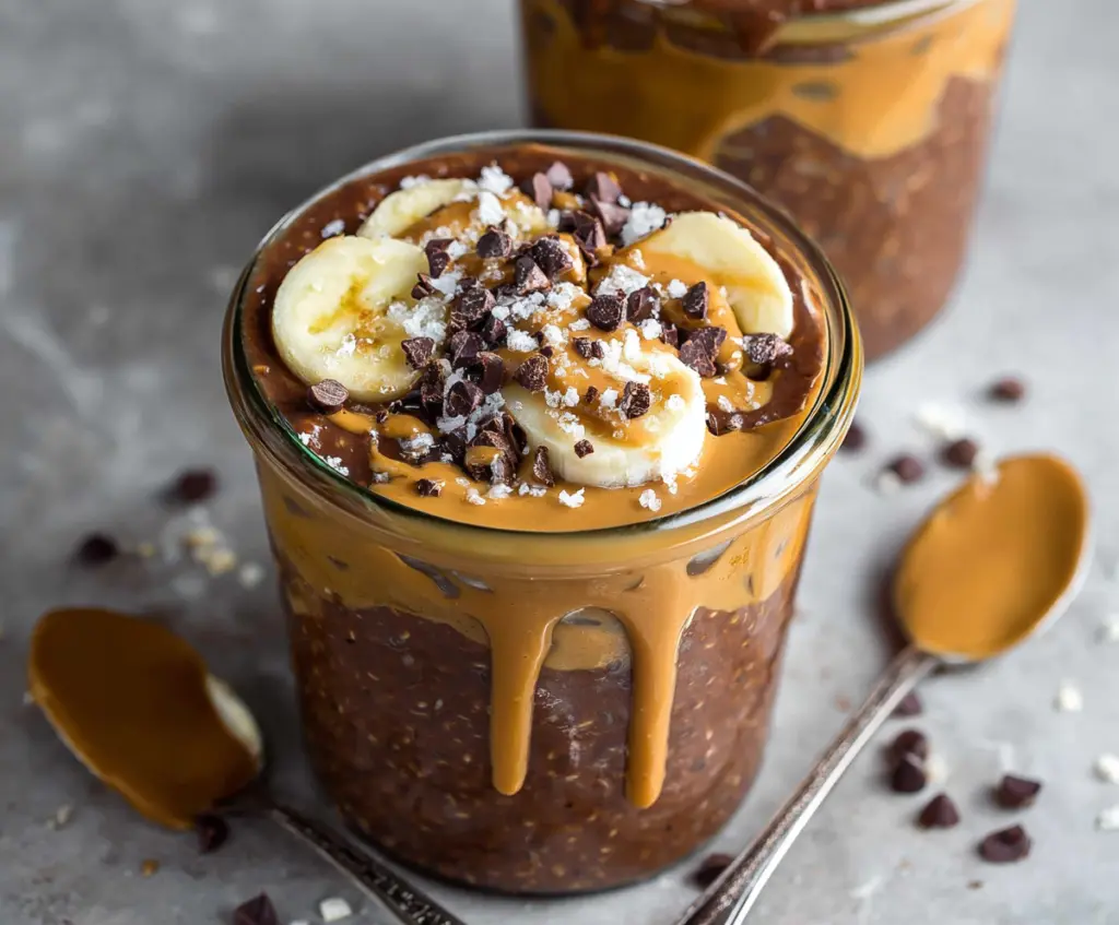 Delicious chocolate peanut butter overnight oats in a glass jar topped with sliced bananas and chocolate chips