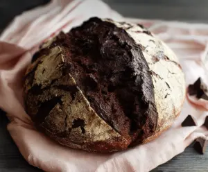 Delicious homemade chocolate sourdough discard bread fresh out of the oven.
