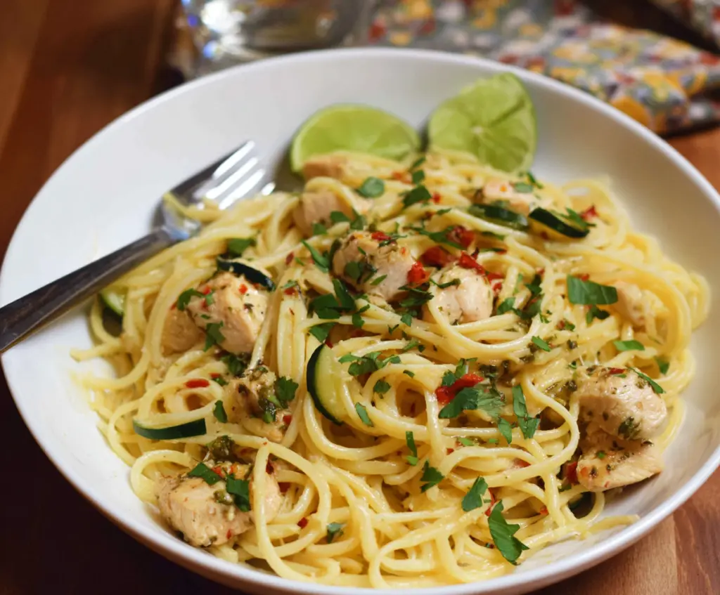 Delicious cilantro lime chicken pasta served on a white plate with fresh cilantro garnish.
