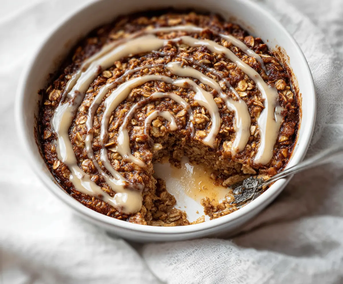Delicious cinnamon roll baked oatmeal topped with icing and cinnamon swirl.