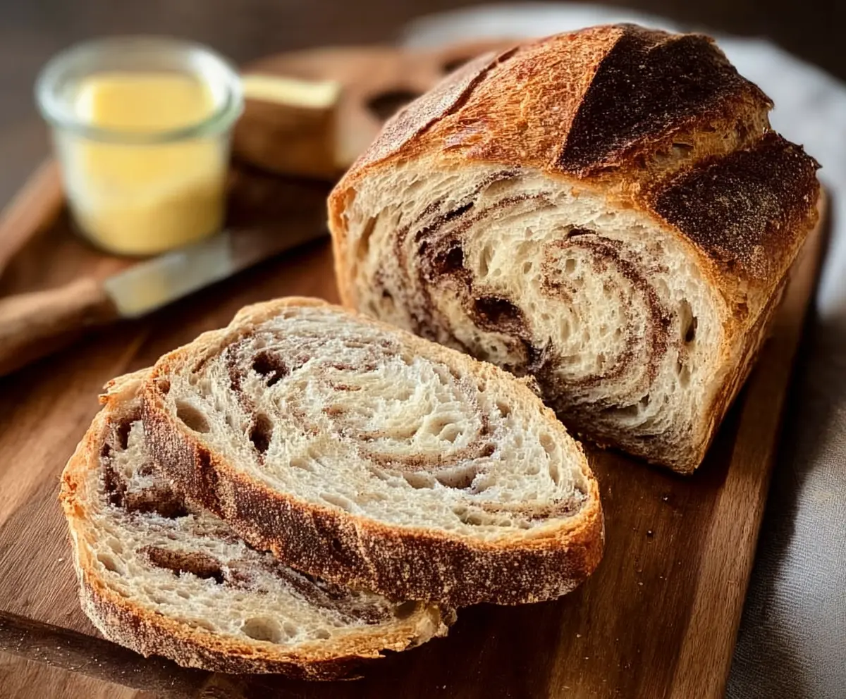 Golden cinnamon sugar swirl sourdough bread fresh out of the oven, showcasing its soft crumb and caramelized topping.
