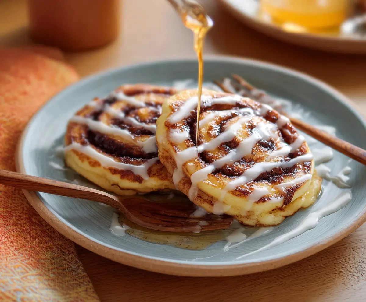 Delicious cinnamon swirl pancakes topped with syrup and fresh berries for a flavorful breakfast.