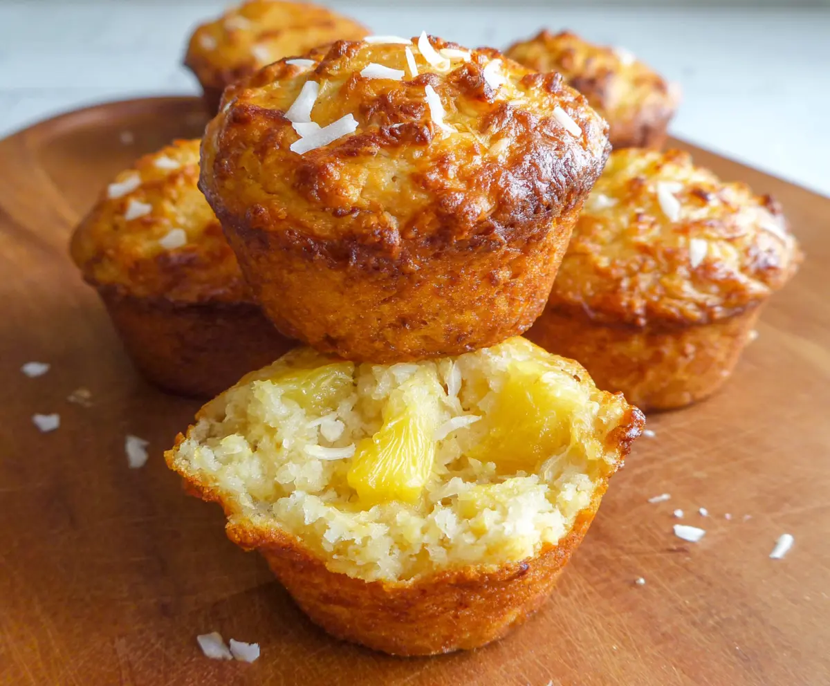 Delicious coconut and pineapple cottage cheese muffins on a plate, perfect for a healthy snack.